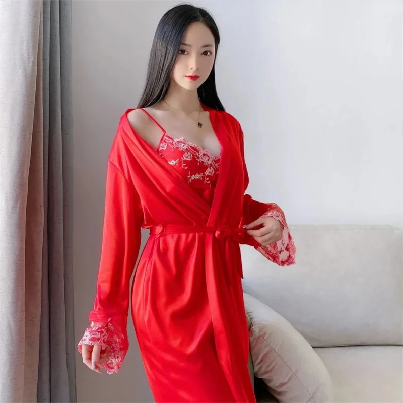 Senhoras camisola de seda gelo vestido de dormir feminino cetim renda aparada conjunto de pijama sexy aconchegante conjunto de pijama de duas peças casa wear