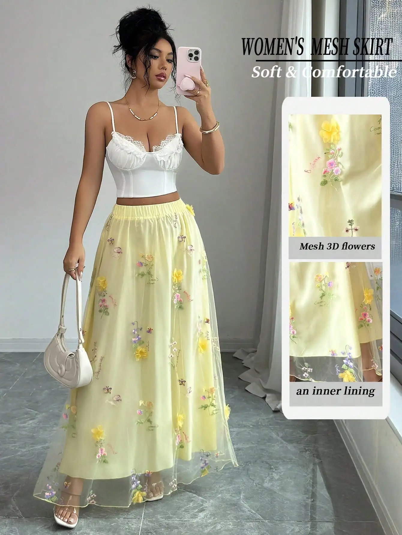 Women's Yellow Floral Embroidered Tulle Maxi Skirt High Waist Elastic A-Line Flowy Elegant Summer Spring Fairycore Long Skirt