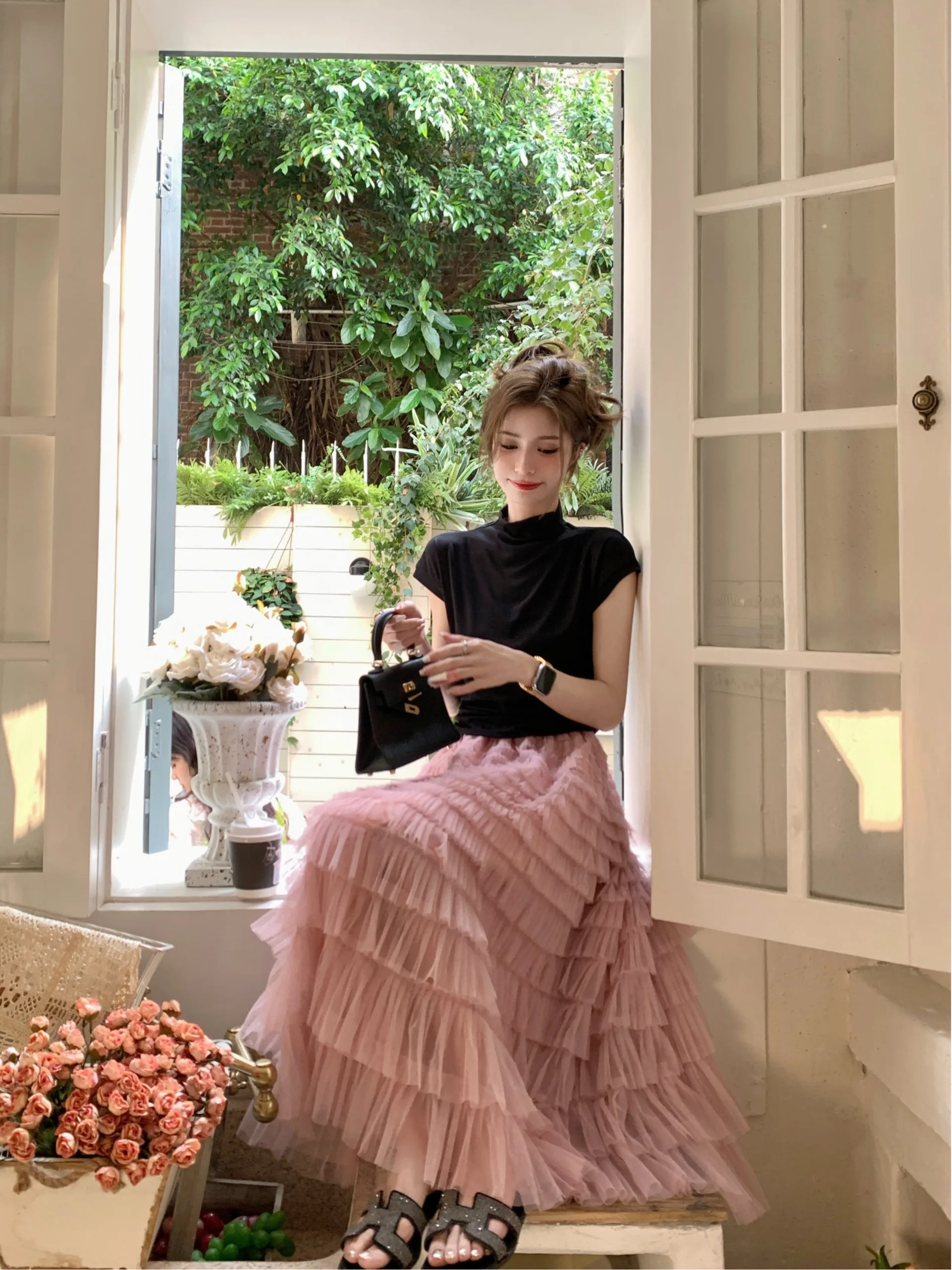 

Women's Summer New High Waist A-Line Mesh Cake Skirt Two-Piece Set Knitted Top Backless Design Breathable Comfortable Nylon