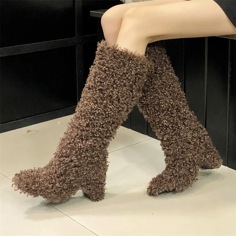 Eilyken New Fashion Faux Fur Women Knee-High Boot Punk Style Square High Heels Female Shoes Winter Warm Zapatos De Mujer