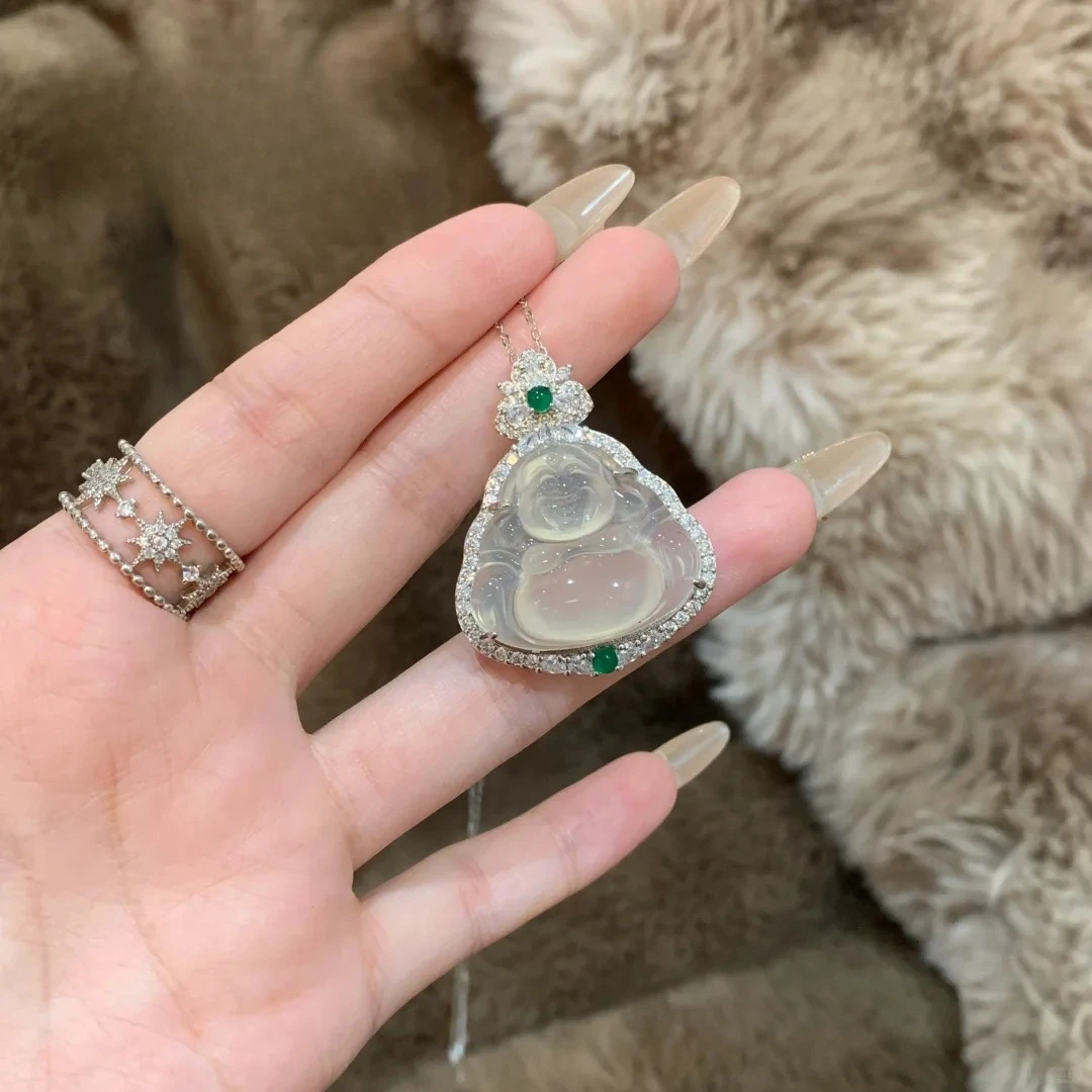 Natural Translucent White Chalcedony Buddha Pendant Inlaid Agate Jade Jewelry Perfect Festival Gift for Wife