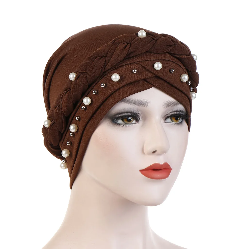 New Turban Cap Milk Silk Monochrome Single Braid Cap Nail White Pearl Muslim Pullover Cap Weave Layered Hat Birthday Gifts