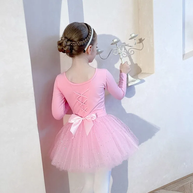 Girls Ballet Sequined Tulle Dress Long Sleeve Purple Dance Costume Soft Comfortable Daily Practice Stage Casual Dance Outfit view 4