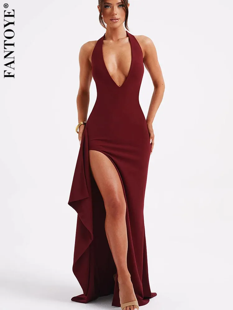 

Fantoye Sexy Deep V-neck Women Maxi Dress Black Backless High Slit Evening Dress Femme Spring Skinny Elegant Party Clubwear 2024