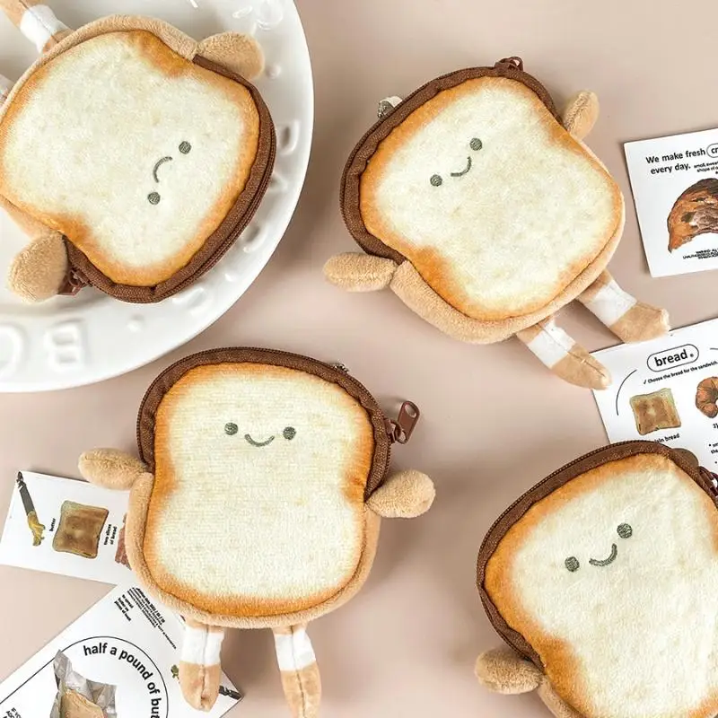 Cute Fluffy Toast 2 In 1 Zipper Coin Purse Keyring Cartoon Bread Shape Kawaii Gift Keychain For Women Kid Daily