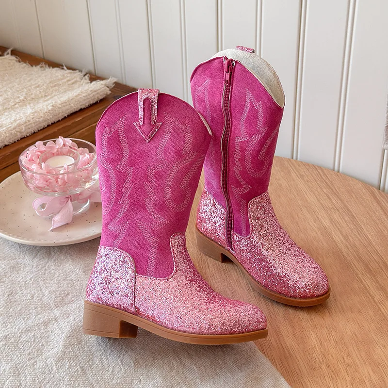 Kids Girls Fashion Pink Glitter Western Cowboy Boots Embroidered Design Side Zipper Non-slip Sole for Dress-up & Casual Wear