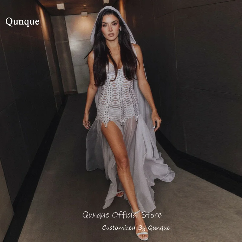 Qunque Crisscross Lace Up Corset Bodice Wedding Dress High Slit Chiffon свадебное платье A Line Vestido De Novia Boda Customized