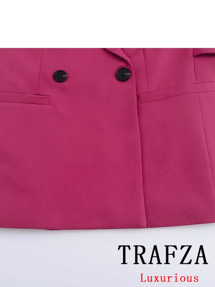 TRAFZA Vintage Chic Office Lady Pink Solid Women Suit Pockets V Neck Blazer Straight Loose Pants New Fashion 2024 Autumn Sets