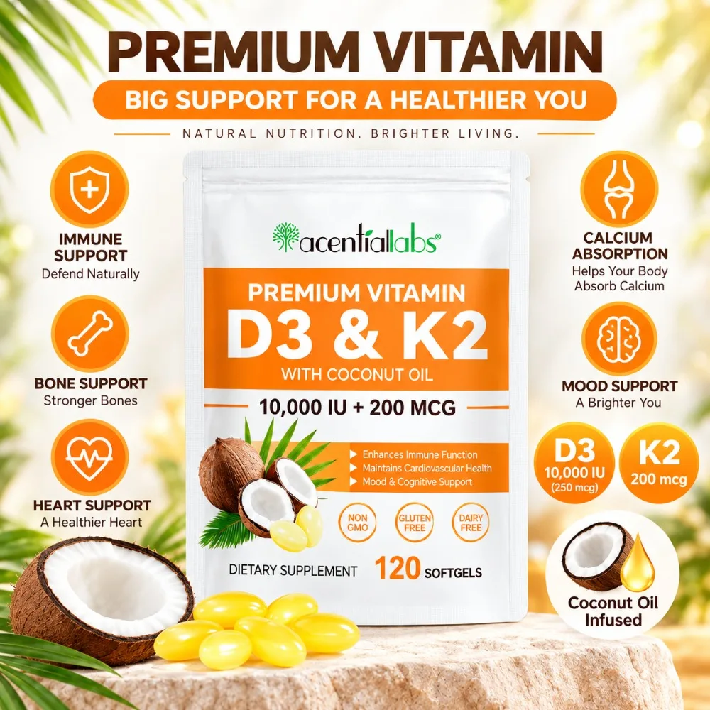Vitamin D3 K2 MK-7 Softgels 10,000 IU with Coconut Oil for Calcium Absorption, Bone, Immune, Heart & Mood Support 120 Count