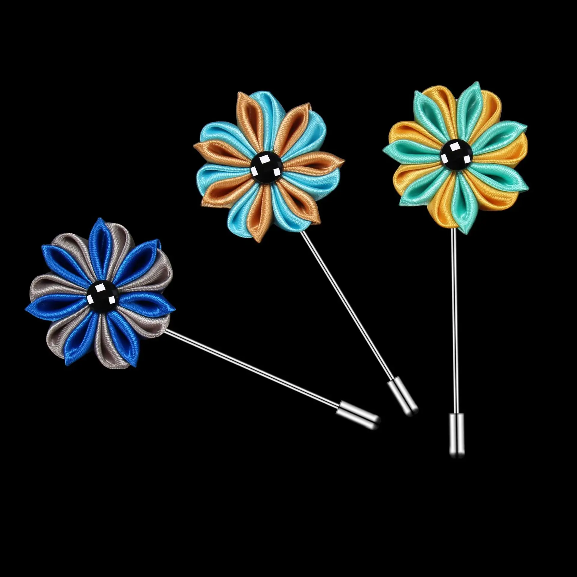 

22 PCS/lot , 2023 New Mens Kanzashi Inspired Flower Lapel Pins With Black Crystal, Wedding Boutonniere, Suit Accessories