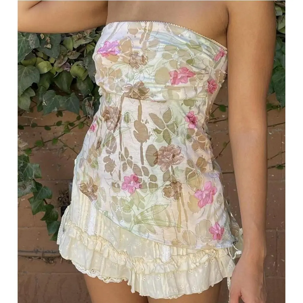 

Combhasaki Women's Y2K Aesthetic Tube Tops Strapless Backless Vest Flower Print Summer Ladies Clubwear Slim Camisoles for Party