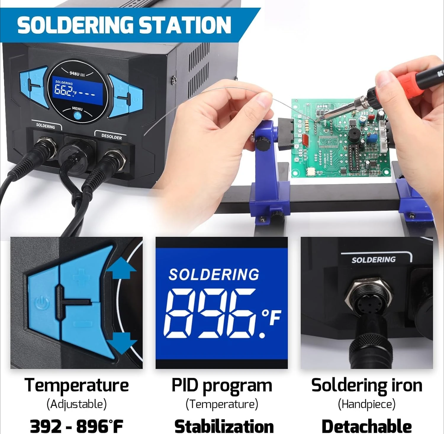 Stazione dissaldante per saldatura sicura ESD 2IN-1 aggiornata 948D III con pistola dissaldante a riscaldamento rapido e saldatore, spedizione gratuita