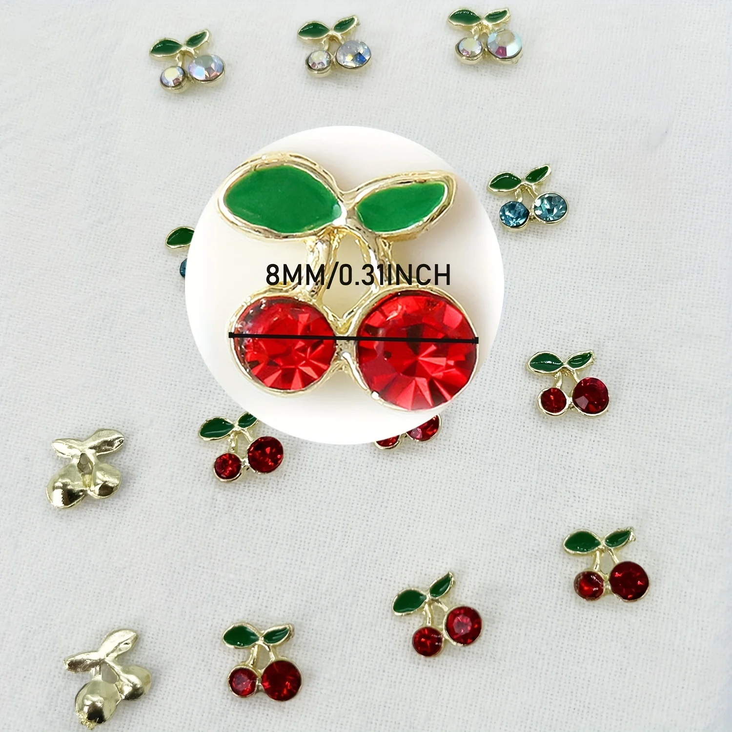 10pcs 3D Alloy Metal Cherry Shape Nail Art Rhinestone Crystal Cherries Leaves Press On Tips Acrylic Jewelry Nail Charms