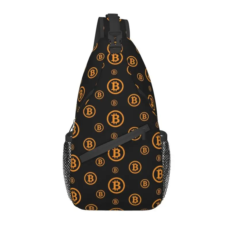 Fashion Bitcoin Logo Pattern Sling Crossbody Backpack Men BTC Cryptocurrency Blockchain Shoulder Chest Bag for Hiking