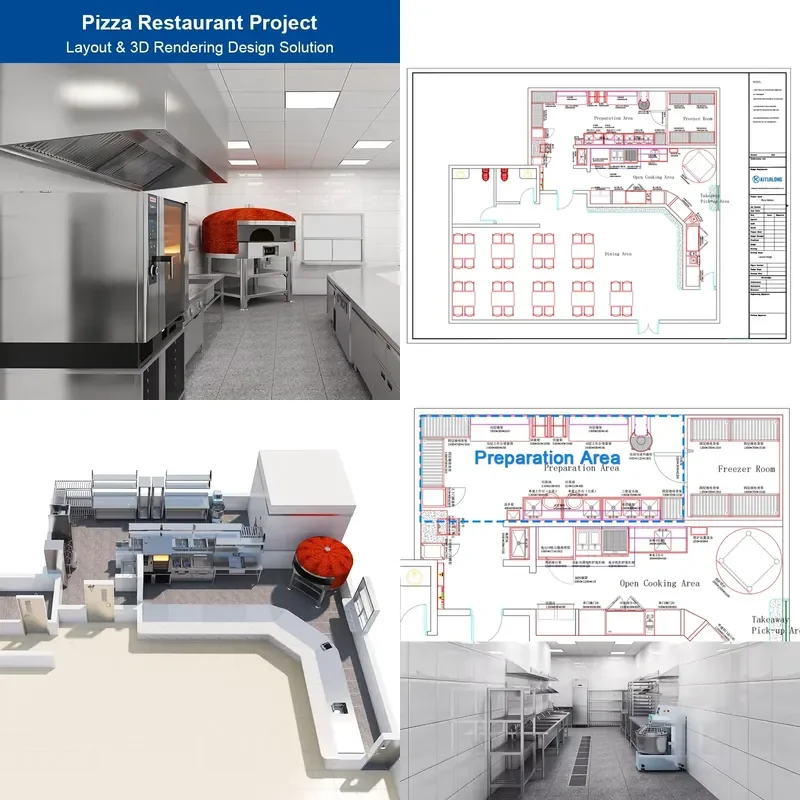 for Pizza Restaurant Project Commercial Kitchen Layout 3D Rendering Design and Equipment Supply Solution Professional