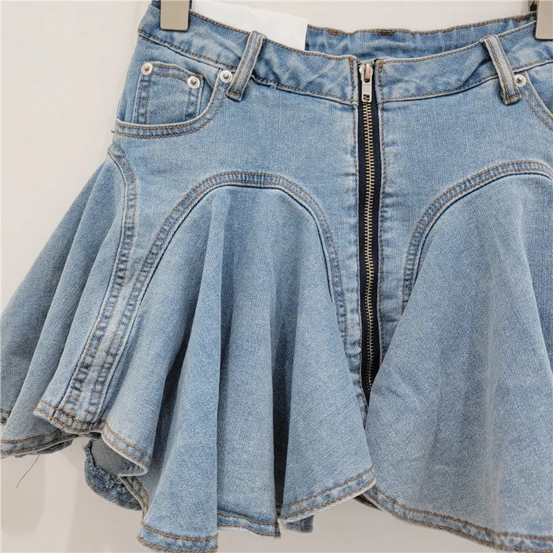 DEAT 3D Cutting Ruffled Edge Denim Skirts For Women 2024 Summer New Fashion Zipper Splicing Pleated Elastic Skirt Female 11A0198