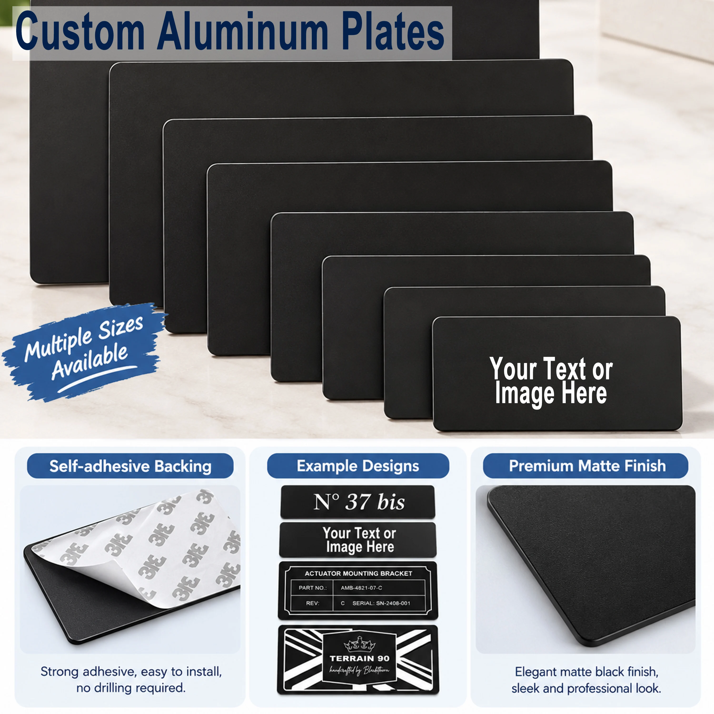 Personalized Aluminum Equipment Nameplates, Door Plates Available, and Outdoor Identification Signs with Adhesive Backing