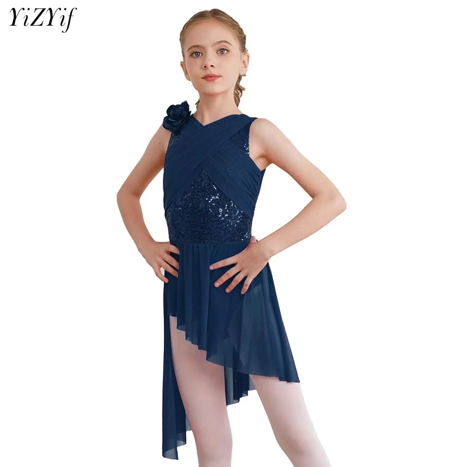 Kids Girls Lyrical Dance Dress Ballet Gymnastics Leotards Figure Skating Costume Shiny Sequin Contemporary Performance Dancewear