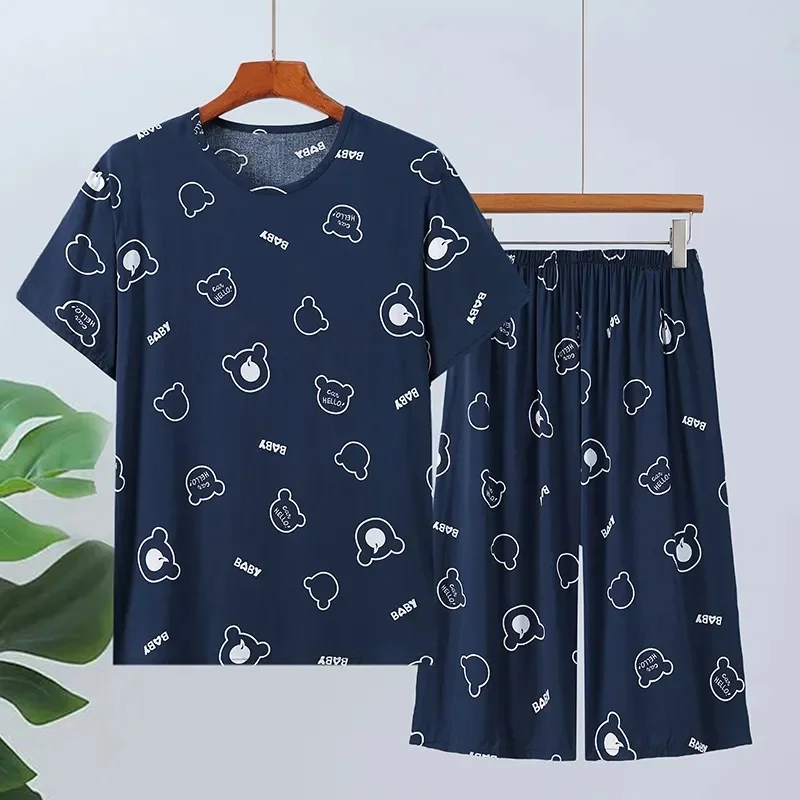 Summer Cotton Silk Sleepwear Men's Thin Short Sleeve Loose Large Size Home Clothes Set Teenage Adult Dad Comfortable Pajamas