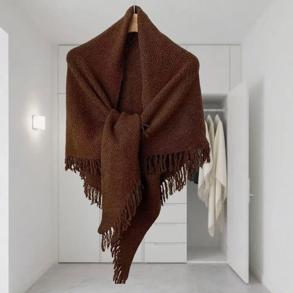 Wird nicht pillen, Wollmischung, dreieckiger Schal mit Fransen, warmer, gestrickter Schal, dekorativer, mehrfarbiger Wickelschal für Damen – Detail 7