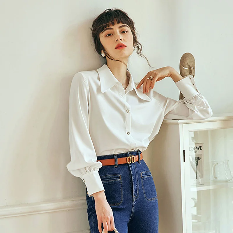 OLrain Retro White Shirt Women's Autumn New French Style Long Sleeve Fashion Polo Neck Work Business Shirts & Blouses E56QC69322
