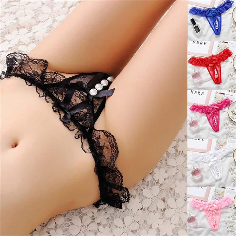 Women Sexy Panties Girl Gauze Bowknot Beads Lace Lingerie Underwear Low Waist Pearls Underpants Female Thongs Briefs Temptation