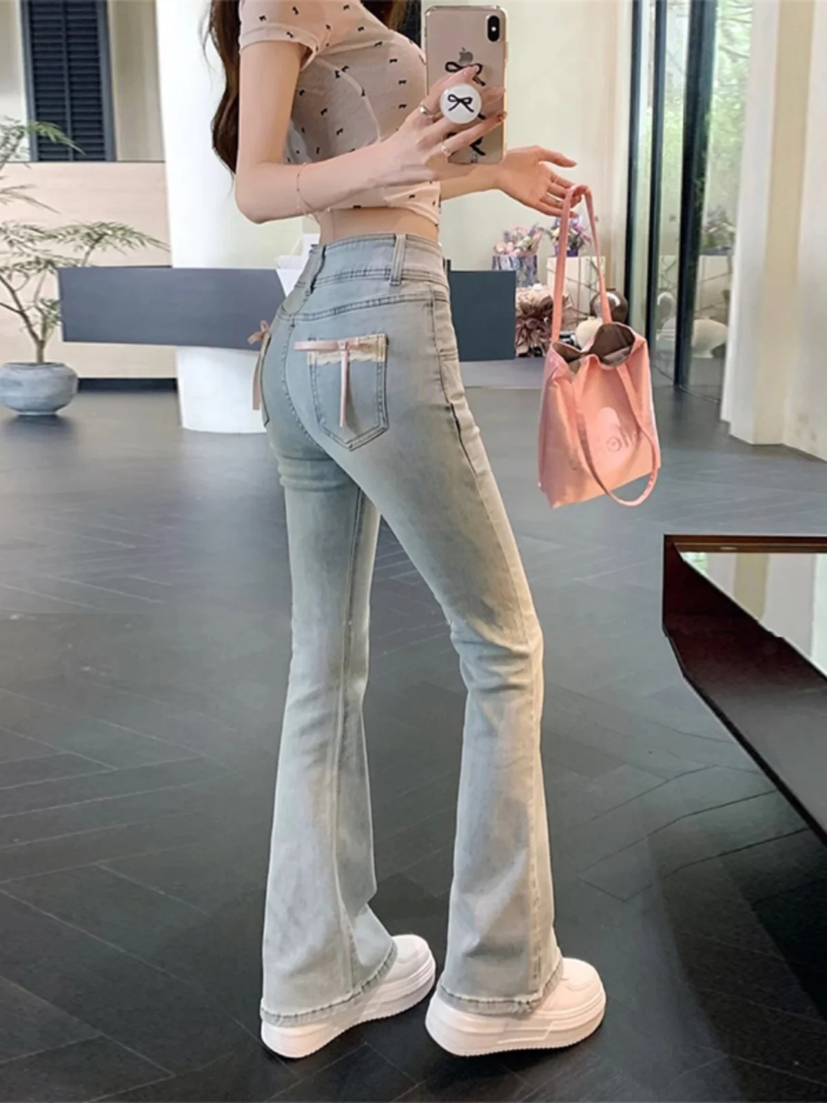 

High Waist Bell Bot Jeans Women's Spring Autumn New Sle ular Design Large Size Elastic Small Height Bell Pants