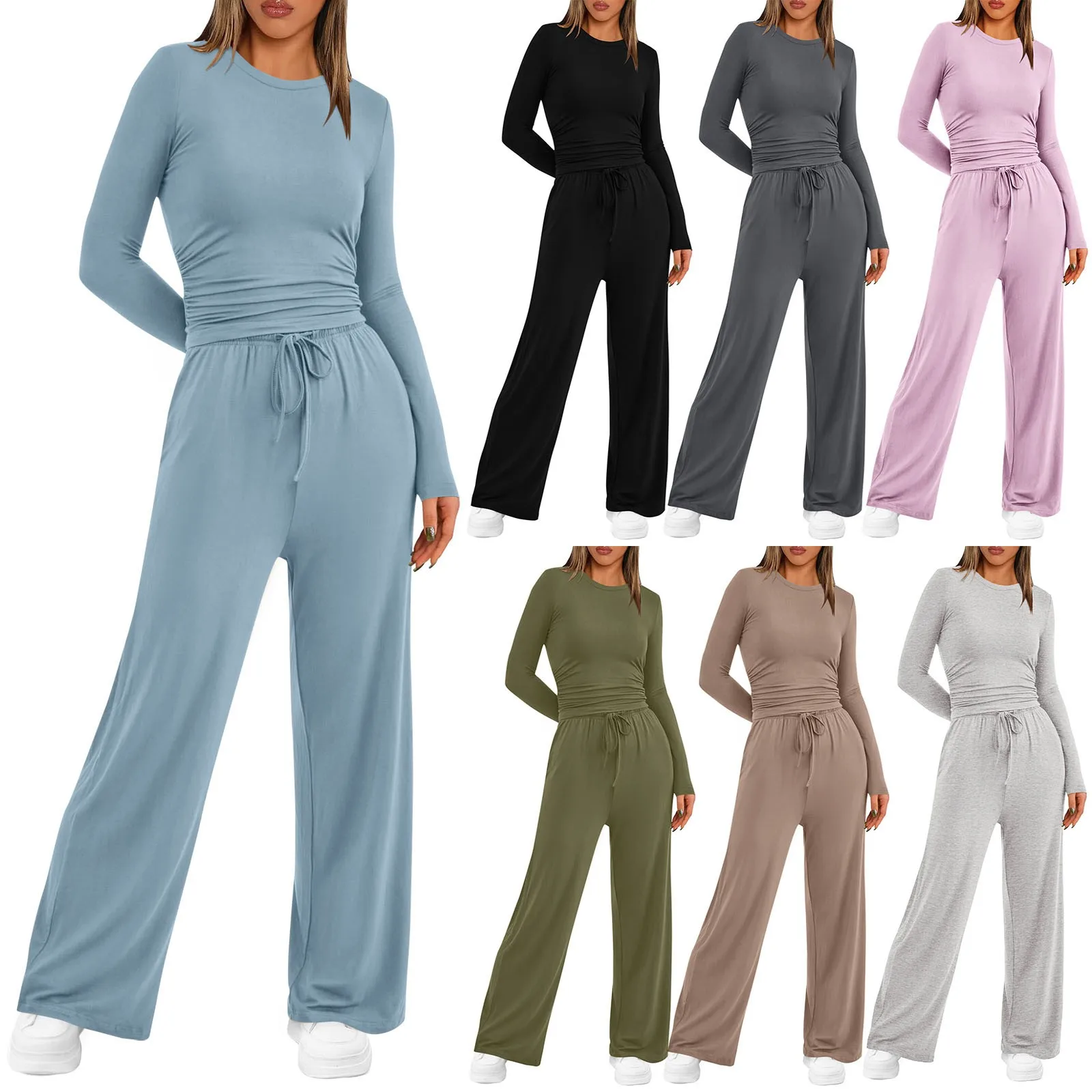 Women All-Match 2 Piece Set Track Suits Long Sleeve Tee Shirts Drawstring Wide Leg Palazzo Pants Sets Fall Casual Wear Outfits