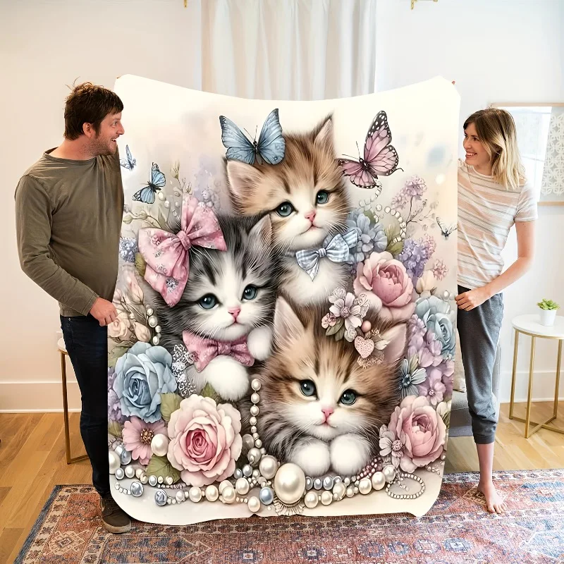 1 pieza de manta de franela estampada con diseño de gato, animal, peonía, flor, mariposa, noble, lujoso y elegante