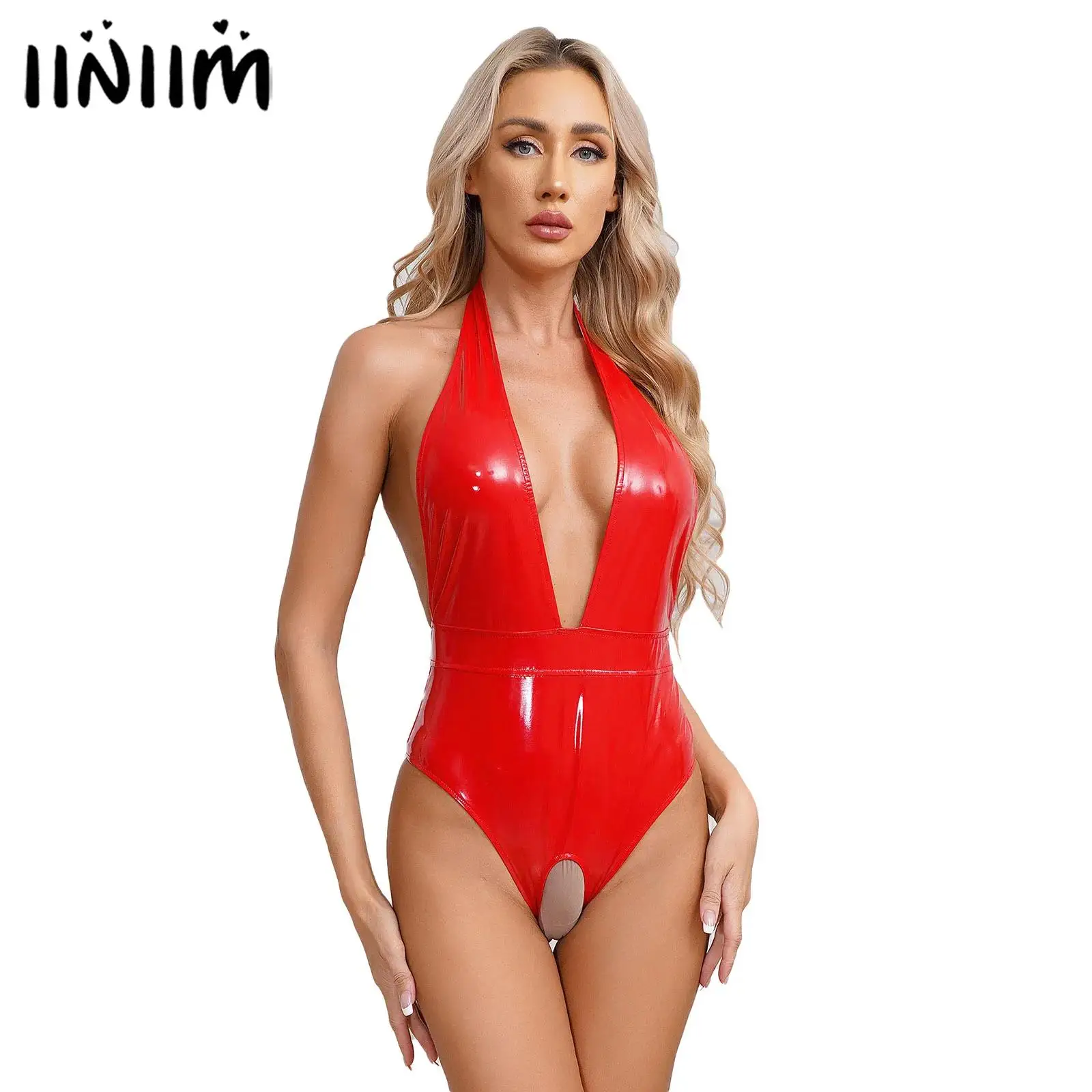 Womens Lingerie Patent Leather Halter Catsuit with A Buckle Closure Open Crotch Latex Bodysuit One Piece Cutout Jumpsuit