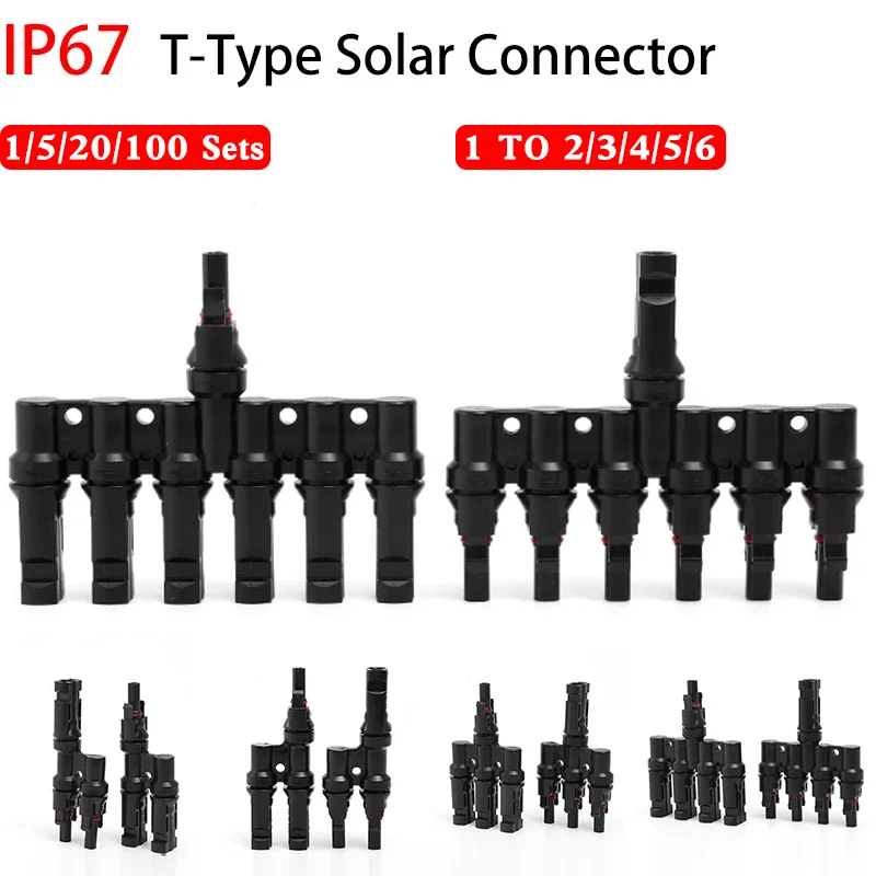 1/5/20/100Pair 2/3/4/5/6 Branch to 1 Solar PV Panel Connector T Type Parallel Connection Plug Waterprrof Connector