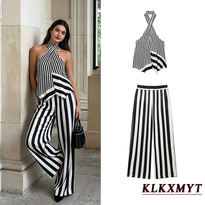 Damenmode-Streifensets Sexy Ärmelloses Neckholder-Top + Weitbein-Hose Sommer Herbst Urlaub Neu 2-teilig