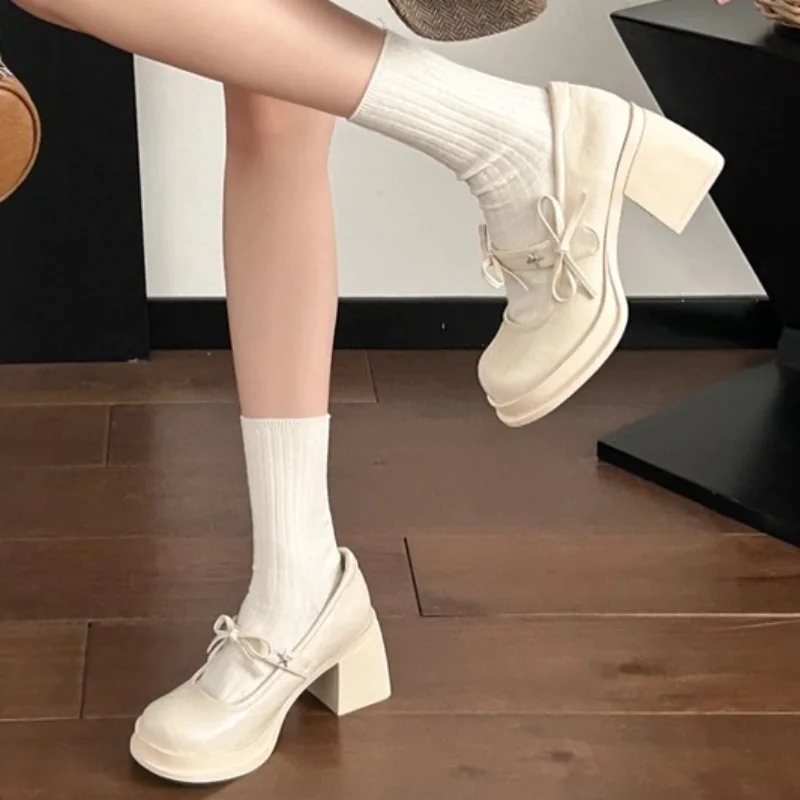 Mary Jane Single Shoes Autumn New Round Toe Shallow Bow One Strap Platform Non-Slip Heels view 4