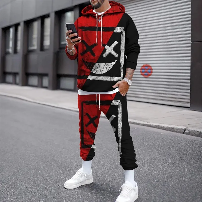 3D Smile Face Print autunno inverno tute felpe con cappuccio da uomo pantaloni tuta pantaloni tute Pullover pantaloni sportivi Casual Streetwear Set