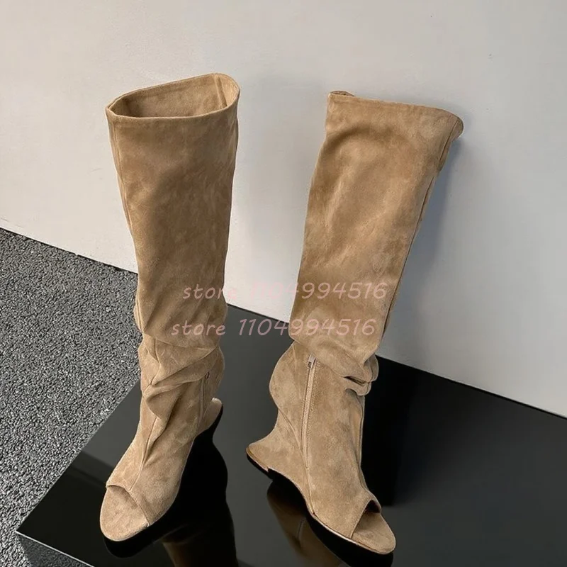 Fretwork Pleated Wedges Knee High Boots Women Side Zip Peep Toe Sandals Summer Cool Shoes Lady Sexy Evening Dress Party Shoes