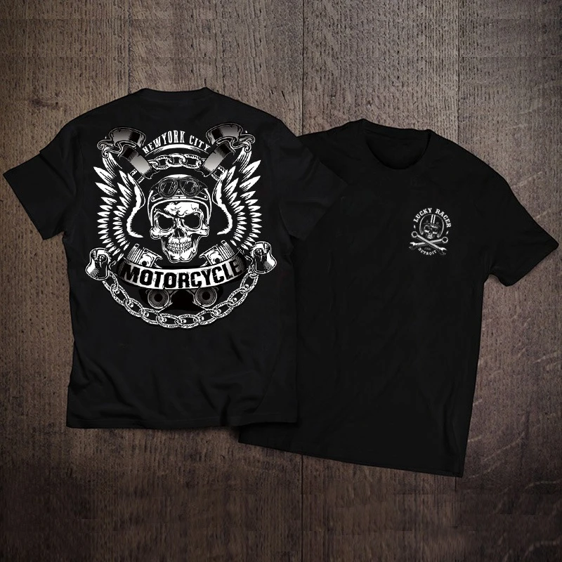 

Skull Locomotive Motorcycle Print Short-sleeved T-shirt Men's Heavy Round Neck Loose Cotton Black
