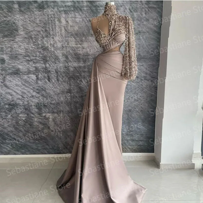 Gorgeous Elegant Mermaid Prom Dresses One Shoulder Long Sleeves Sequins Sparkly Arabic Women Evening Party Gowns Custom Made