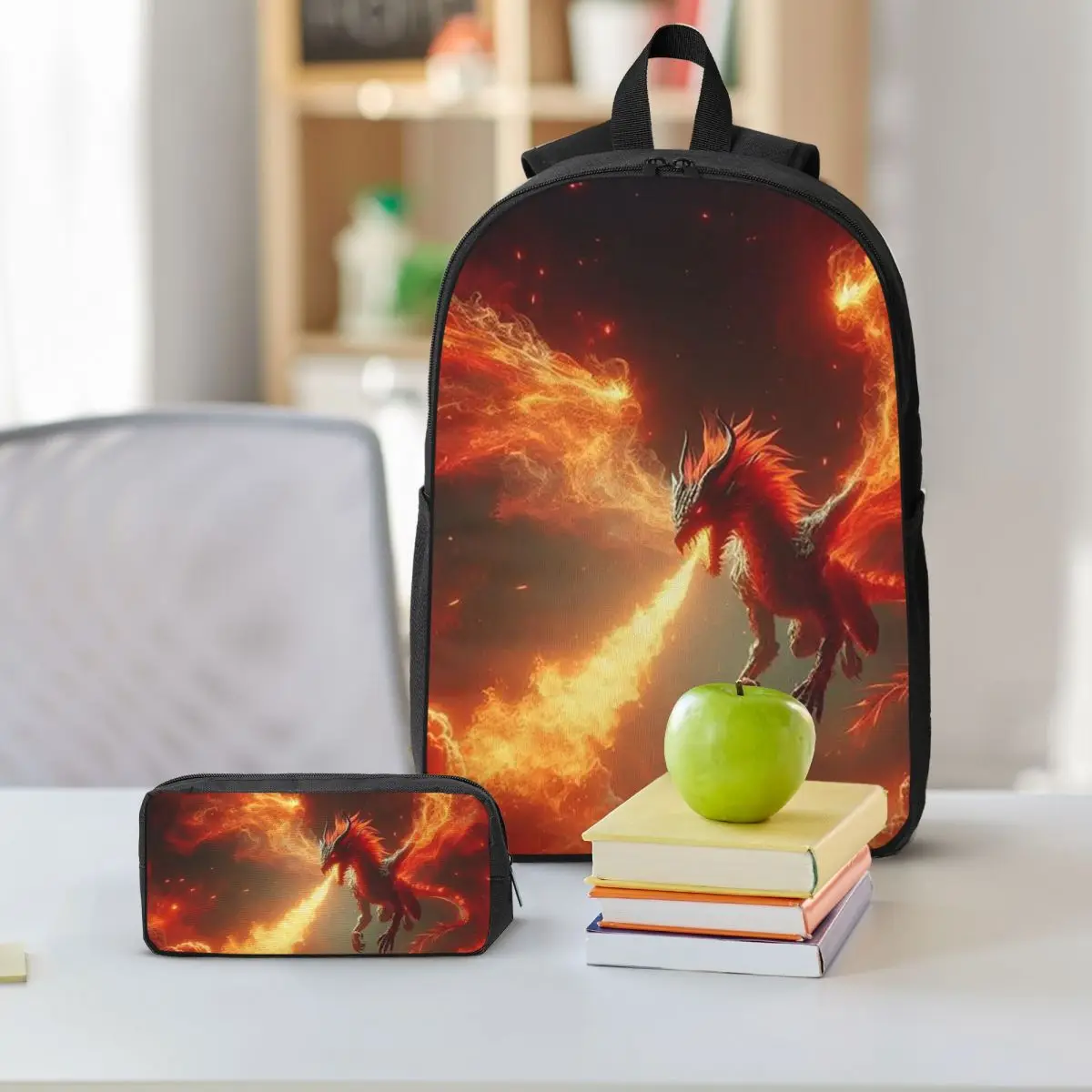 Dragon In The Fire Backpack Boys Girls BookBag School Bag Shoulder Bags 3ps Insulated Lunch Bag Pencil Case