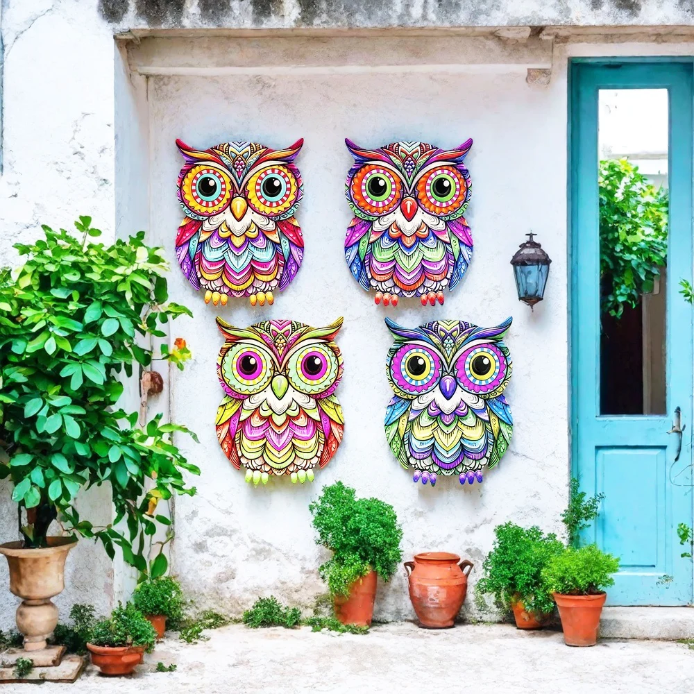 لافتة للنظر المعادن الفن البومة جدار ديكور ملون الحديد الفن البومة المنحوتات البومة معلقة حلية للخارجية المنزل ساحة حديقة سياج