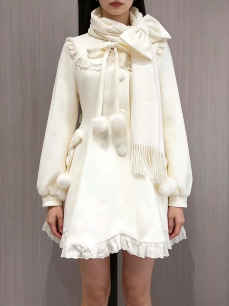 

Japanese Sweet Princess Vibe 2 Piece Set Sweet Bowknot Scarf + Slimming High Waisted Wool Blend Coat 2025 Autumn Fashion Outfits