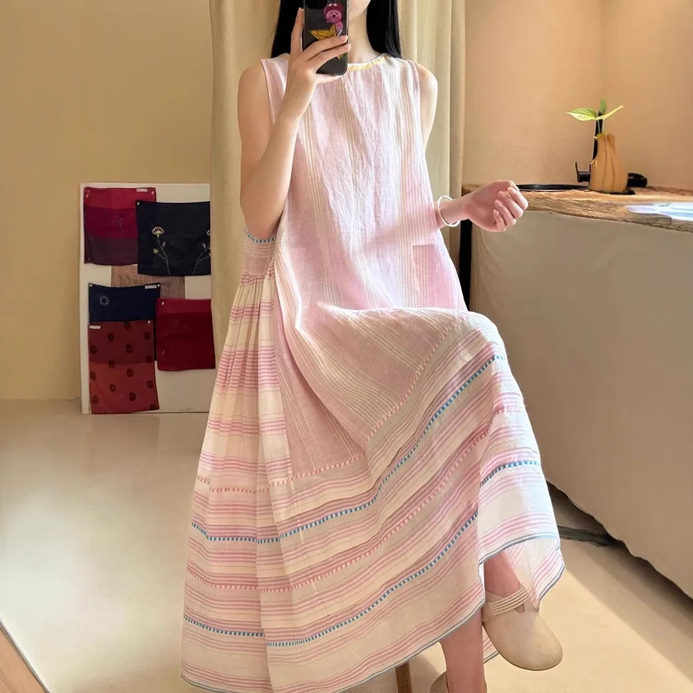 

Vintage Pink Dress Women Elegant Cotton Linen Patchwork Maxi Dress Sleeveless Summer Vacation Fairy Style Long Skirt New