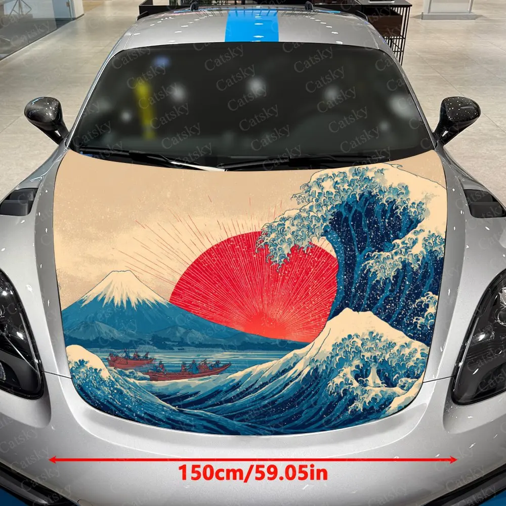 Red Sun And Ocean Car Vinyl Wrap - Vibrant Pattern Design, Splash-Resistant PVC Decal For Engine Hood, Easy Removal & Durable Ca
