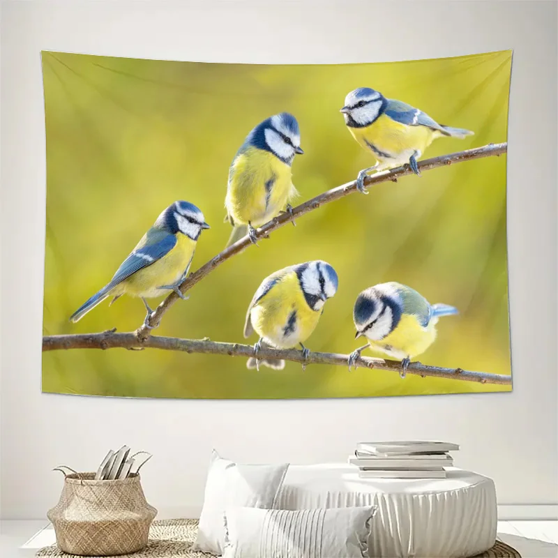 Realistic Bird Family Tapestry Wall Hanging Blue Yellow Nature Wildlife Art Decor for Living Room Bedroom Nursery Room Canvas Pr