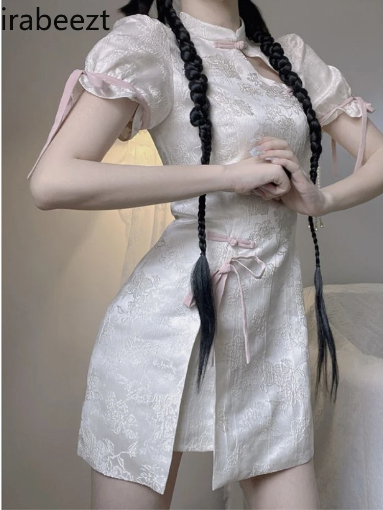 Kleine Kruiden Meisje Lieve En Spicysexy Wrap Hip Robe Nieuwe Chinese Stijl Retro Verbeterde Cheongsam Witte Jurk Met Korte Mouwen