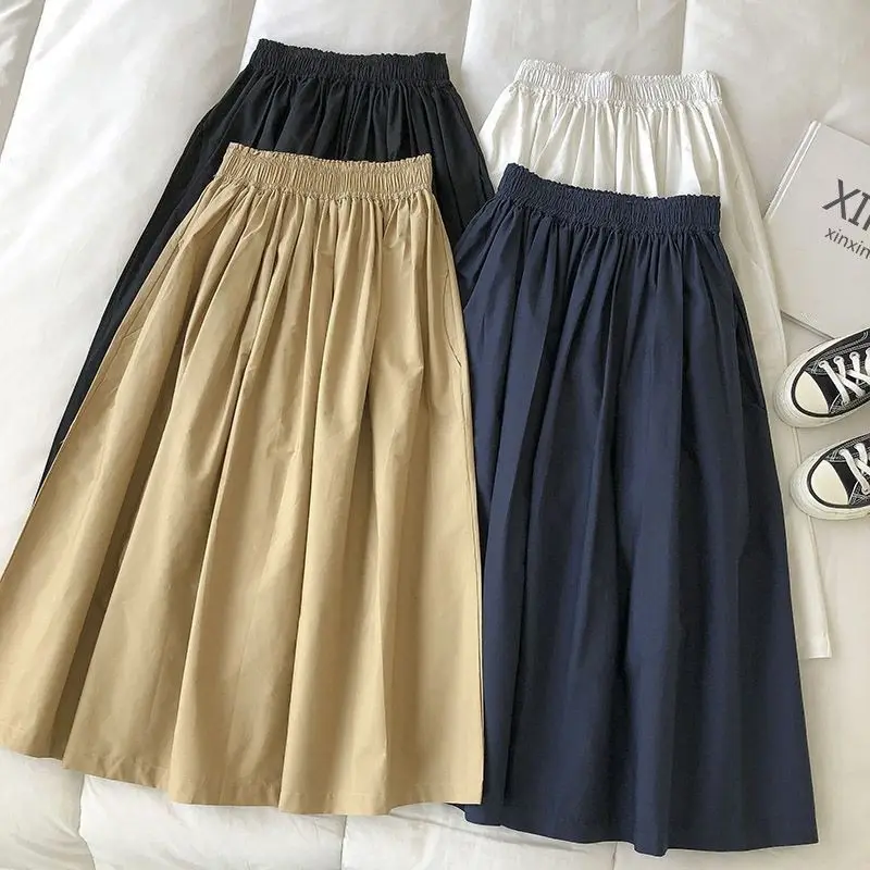 Deeptown rok lipit elegan Wanita Mode Vintage rok panjang Solid kasual pinggang tinggi garis A rok panjang selutut pakaian jalanan