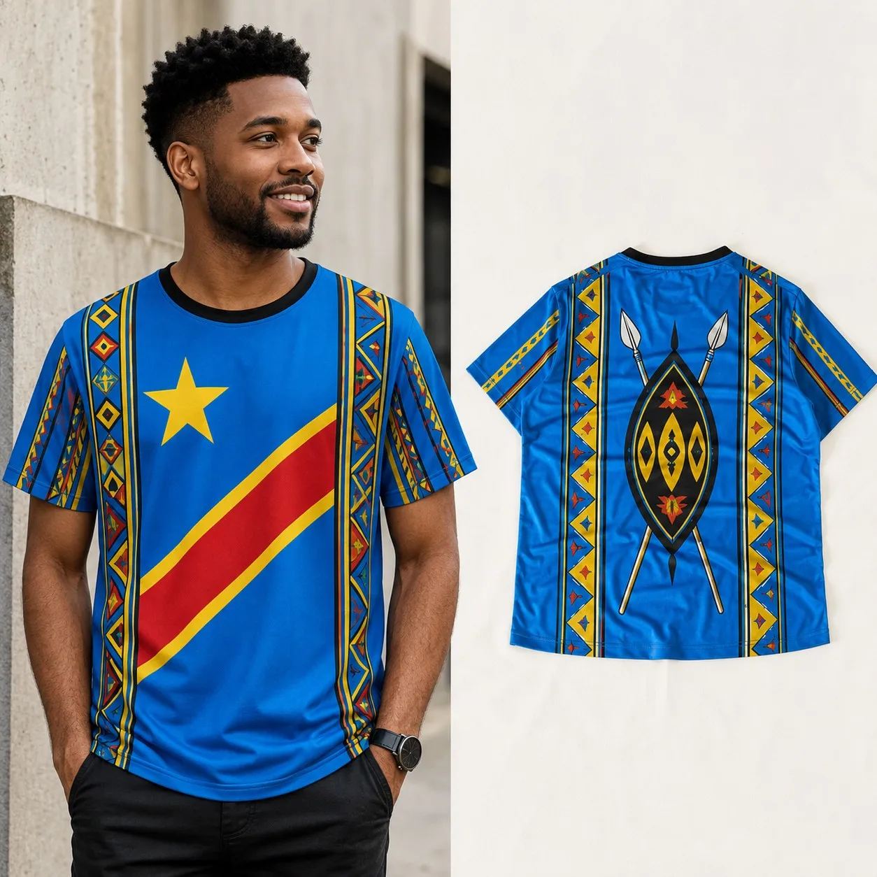 Mens DR Congo Crew Neck T Shirt Spear Shield Flag Graphic Short Sleeve Casual Summer Pullover Top Streetwear For Men Fashion Top