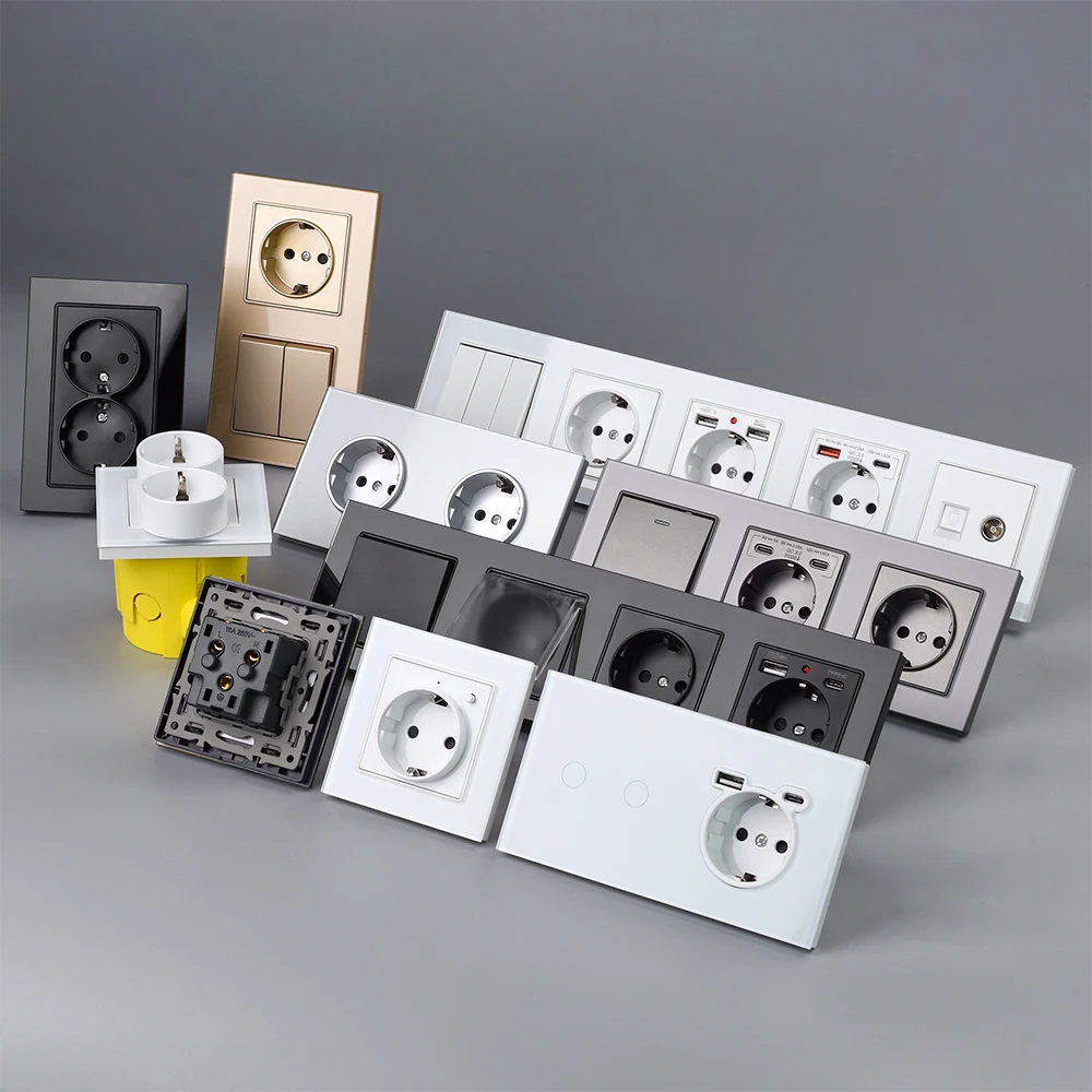 VISWE EU Wall Switch Power Socket 1/2/3 Gang 1/2 Way Free Combination Modular Electrical Outlet Glass Panel DIY Module for Home