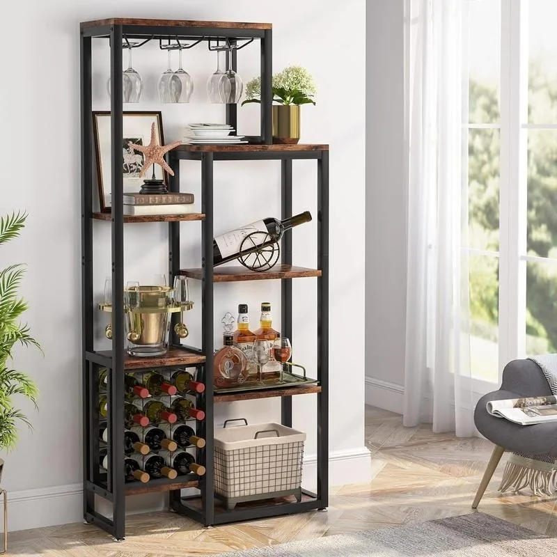 Freestanding Wine Rack with Glass Holder Wine Bar Cabinet Metal Utensils Bottles