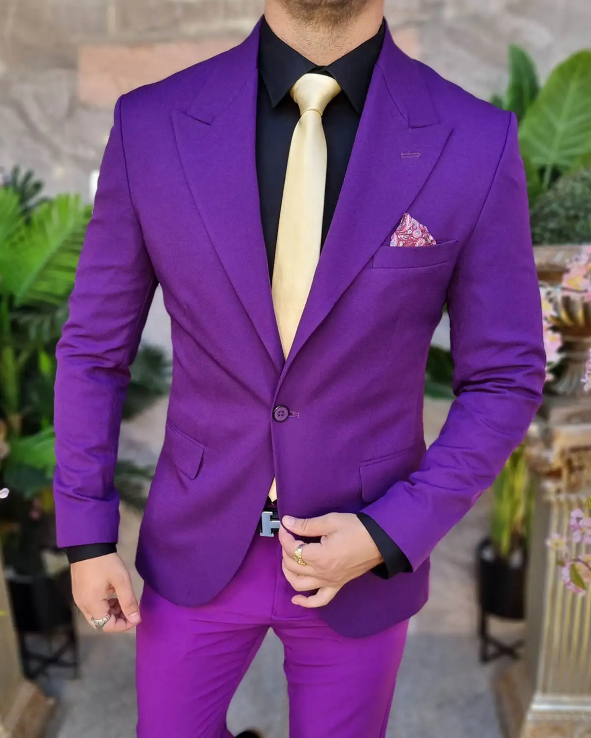 Cor sólida roxo masculino casamento smoking formal negócios calças ternos baile de aniversário jaqueta noivo usar 2 peças conjuntos