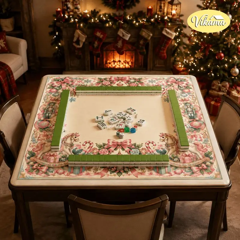 VIKAMA Christmas Mahjong Mat Rocking Horse Gifts Bows Candy Soft Non-Slip Mahjong Play Mat Game Room New Year Festival Decor